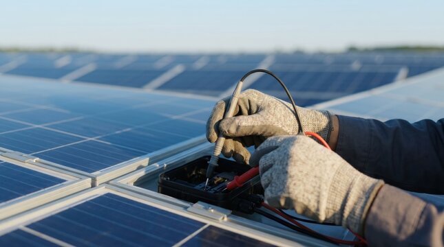 Close up of technician hands using multimeter to test voltage on solar panel junction box at photovoltaic farm