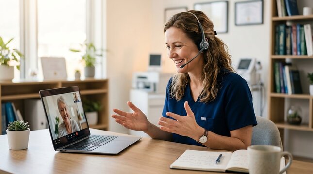 Confident female specialist leads a vital virtual consultation, offering expert support and advice via remote video conference