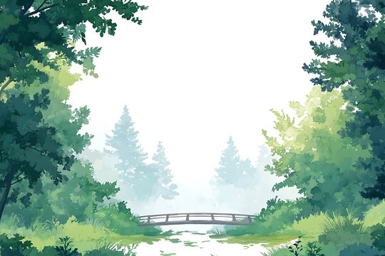 A serene wooden bridge crossing a misty stream surrounded by lush green trees