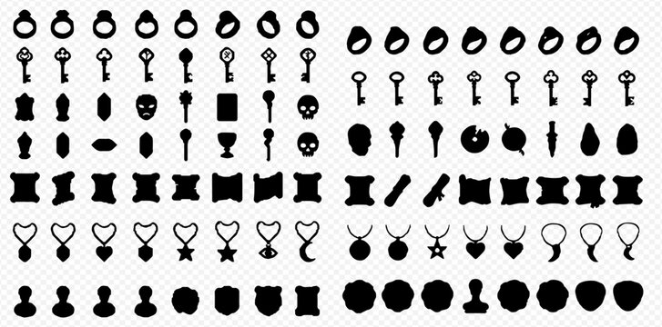Set of various black silhouette icons including rings, keys, skulls, scrolls, pendants, and other mystical or fantasy elements on a transparent background.