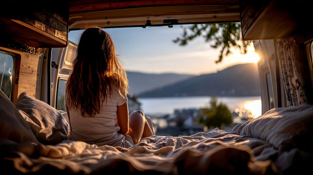 Woman looking at lake sunset view from camper van interior with adventure roadtrip landscape