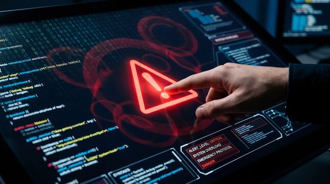Finger pressing red warning sign on touch screen interface showing cyber security alert