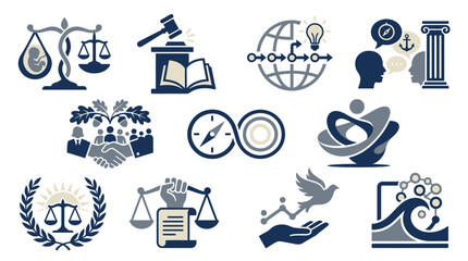 Fototapeta premium Collection of icons representing justice, law, human rights, and social concepts.