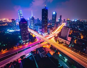 Fototapeta premium Cityscape at night with skyscrapers and highway.