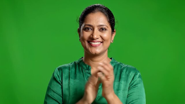 Happy woman clapping hands in appreciation on green screen background, expressing joy and approval in studio shot.