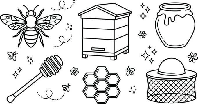Honey bee beekeeping hive honeycomb jar dipper and protective veil hat line art vector icons on white background