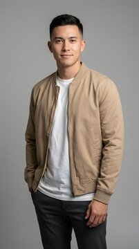 Confident Young Man in Casual Jacket Standing Against Gray Studio Background for Lifestyle, Fashion, Personal Branding, Recruitment, and Modern Marketing Campaigns