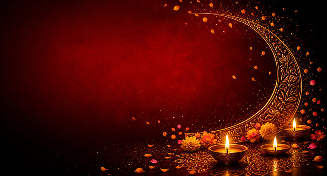 Red Diwali Banner with Golden Floral Frame and Diyas