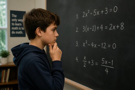Young student ponders quadratic equations on a chalkboard. His thoughtful pose shows focused concentration. The equations are clear, written in white chalk