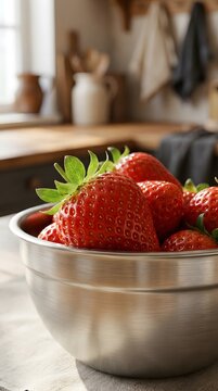 Fresh Ripe Strawberries in Metal Bowl on Rustic Wooden Kitchen Table for Healthy Eating, Farm Fresh Produce, Seasonal Recipes, Food Blogs, and Organic Lifestyle Concepts
