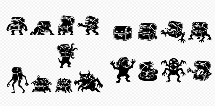 Set of pixel art mimic monsters in various poses, isolated on a transparent background, perfect for retro video games.