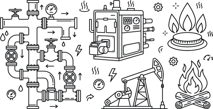 Industrial heating boiler gas burner oil pump jack and plumbing pipe valves system linear vector outline illustration background