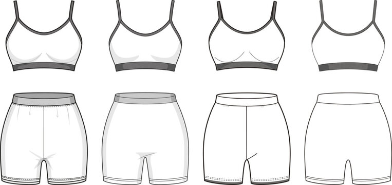 Women sports bra and biker shorts activewear set vector flat sketch template featuring front and back views