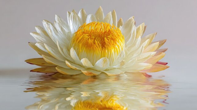 Vibrant Yellow Water Lily Lotus Flower with Detailed Reflection on Rippled Water Surface