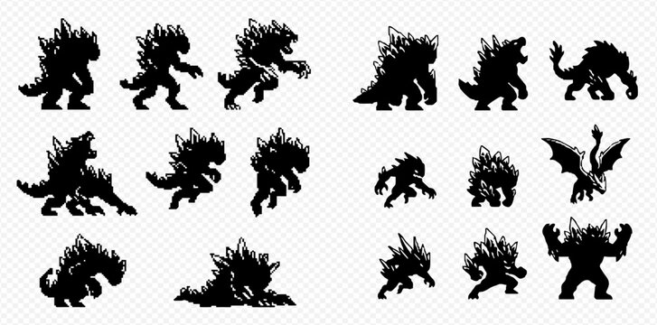 Collection of monster silhouettes in various poses, depicting creatures like Godzilla and King Ghidorah, suitable for game sprites or graphic design elements.