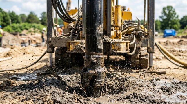 Industrial drilling rig machine operating on a muddy construction site