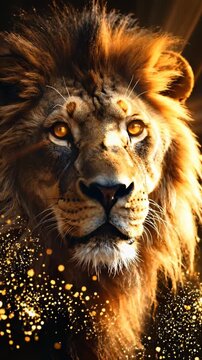 Majestic Lion Portrait with Fiery Aura and Golden Sparkles.
