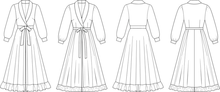Womens long sleeve ruffled robe and floor length dressing gown design template showing front and back views