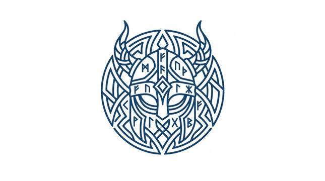 Viking helmet with intricate knotwork and runes emblem.