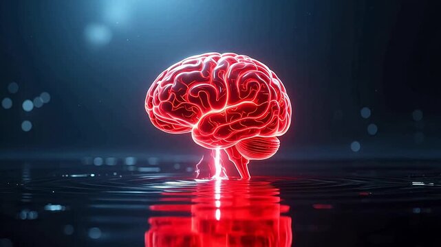Glowing red brain in dark space