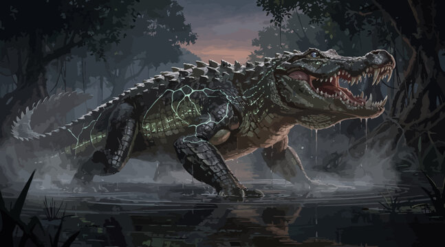 Fierce Alligator with Bioluminescent Markings in Swamp at Twilight