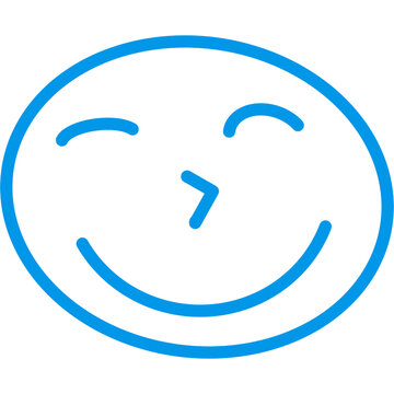 Blue outline of a happy face with closed eyes and a wide smile