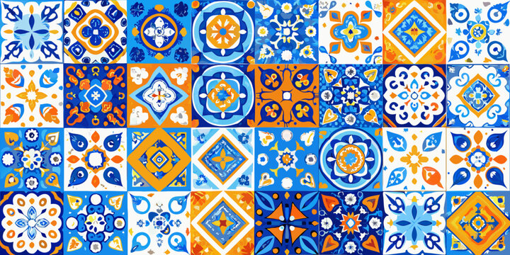 Azulejo Style Tiles Pattern With Geometric Floral Ornament