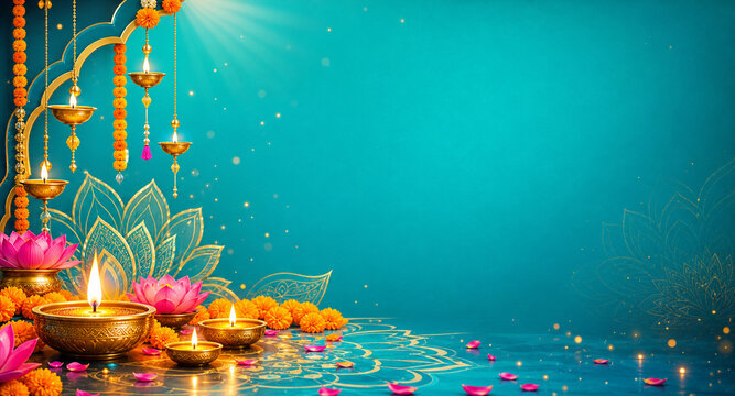Turquoise Diwali Banner with Diya Lotus and Marigolds