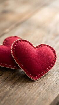 Handmade Red Fabric Heart Cushions on Rustic Wooden Table for Love, Romance, Valentine's Day, Wedding Decor, and Heartfelt Relationship Concepts