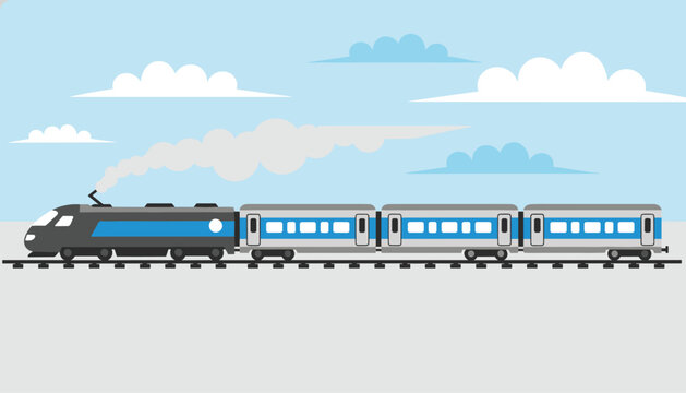Modern high speed passenger locomotive train traveling along the tracks against a beautiful cloudy blue sky background.
