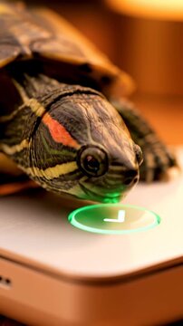 Close-up of a Red-Eared Slider Turtle Interacting with a Glowing Light.