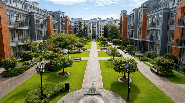 Campus dormitory exterior with tidy surroundings pathways and green lawns illustrating organized student accommodation academic campus environment and higher education layout