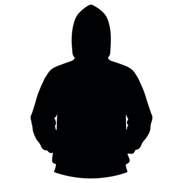 Black silhouette of a person wearing a hooded sweatshirt presented in this high contrast digital photograph that captures the simple shape and form of an anonymous individual standing very still