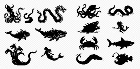 Fototapeta premium Set of mythical sea creatures and marine monsters silhouettes, including kraken, hydra, mermaid, dragon, and other fantasy beasts.