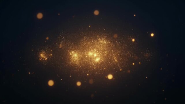 Abstract animation background with glowing gold particle field on dark space, soft light, bokeh, cosmic texture, cinematic mood, and magical golden sparkle glow