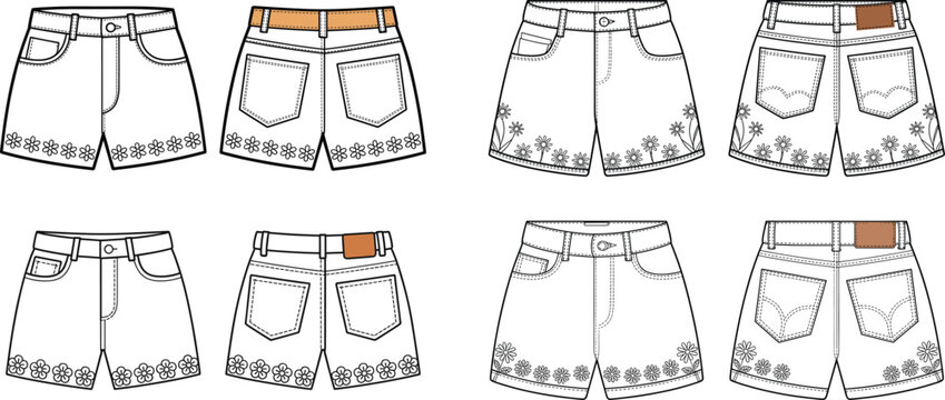 Women denim shorts technical sketch template with floral embroidery details high waisted jean shorts front and back view fashion mockup