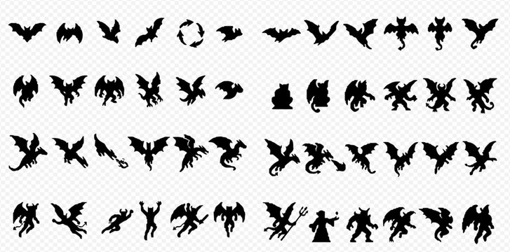 Collection of various black silhouettes of bats, dragons, and mythical creatures, perfect for Halloween and fantasy designs.