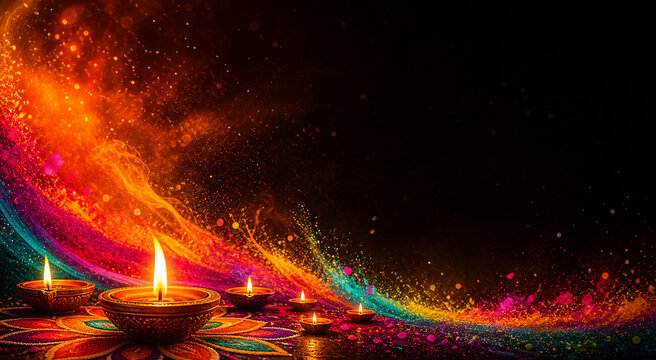 Black Diwali Banner with Color Powder and Diya Lights