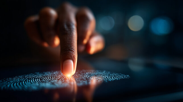 Close up of finger scanning on a digital screen interface for biometric security authentication