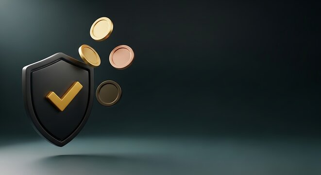 Security shield with falling gold coins representing financial protection and investment