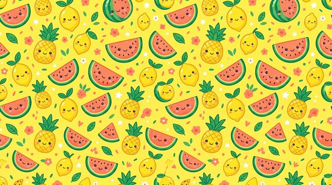 Cheerful cute kawaii summer fruits watermelon pineapple fabric pattern isolated white background