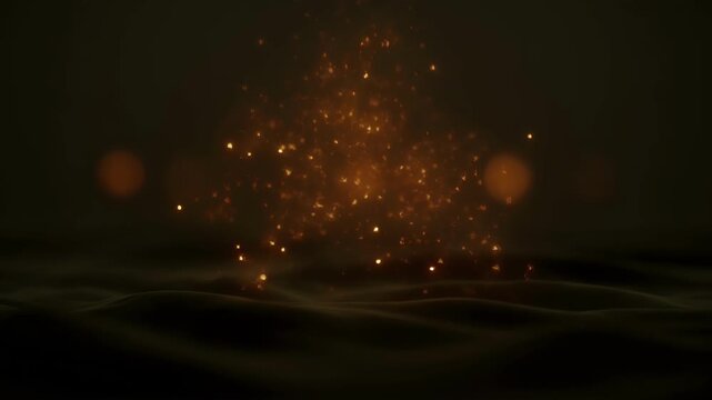 Abstract animation background with glowing ember particle, spark, and orange light on dark wave surface, blended with blurred bokeh and cinematic mood for dramatic abstract visual effect