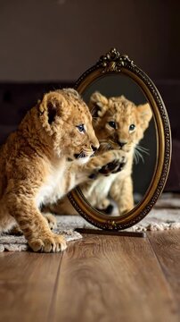 Adorable Lion Cub Gazes Into Mirror Discovering Its Reflection.