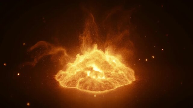 Abstract animation background with glowing fire cloud, dark space, ember smoke plume, dramatic fiery light and particle burst, hot energy flame glow effect in dark background