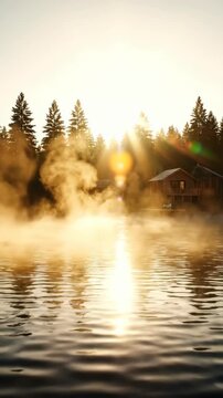 Misty Lake Sunrise with Cabin and Sunbeams.