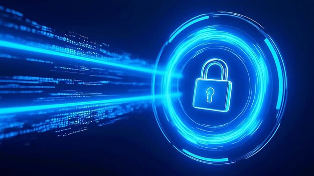 Glowing blue lock with digital beams