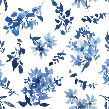 Watercolor blue floral seamless pattern with hand painted wild flowers for fabric, stationary, gift wrapping and surface design