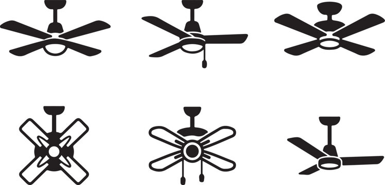 Six different ceiling fan designs with black blades and lights Vector