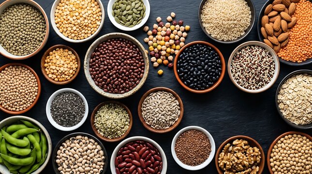 Assortment of Healthy Legumes Seeds Grains and Nuts in Bowls