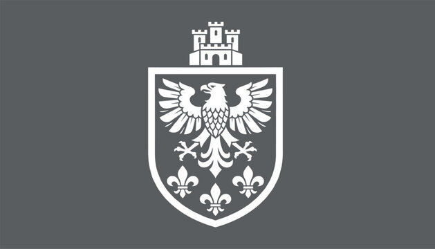 Monochromatic heraldic shield featuring a majestic eagle with outstretched wings and three fleur-de-lis below a castle.